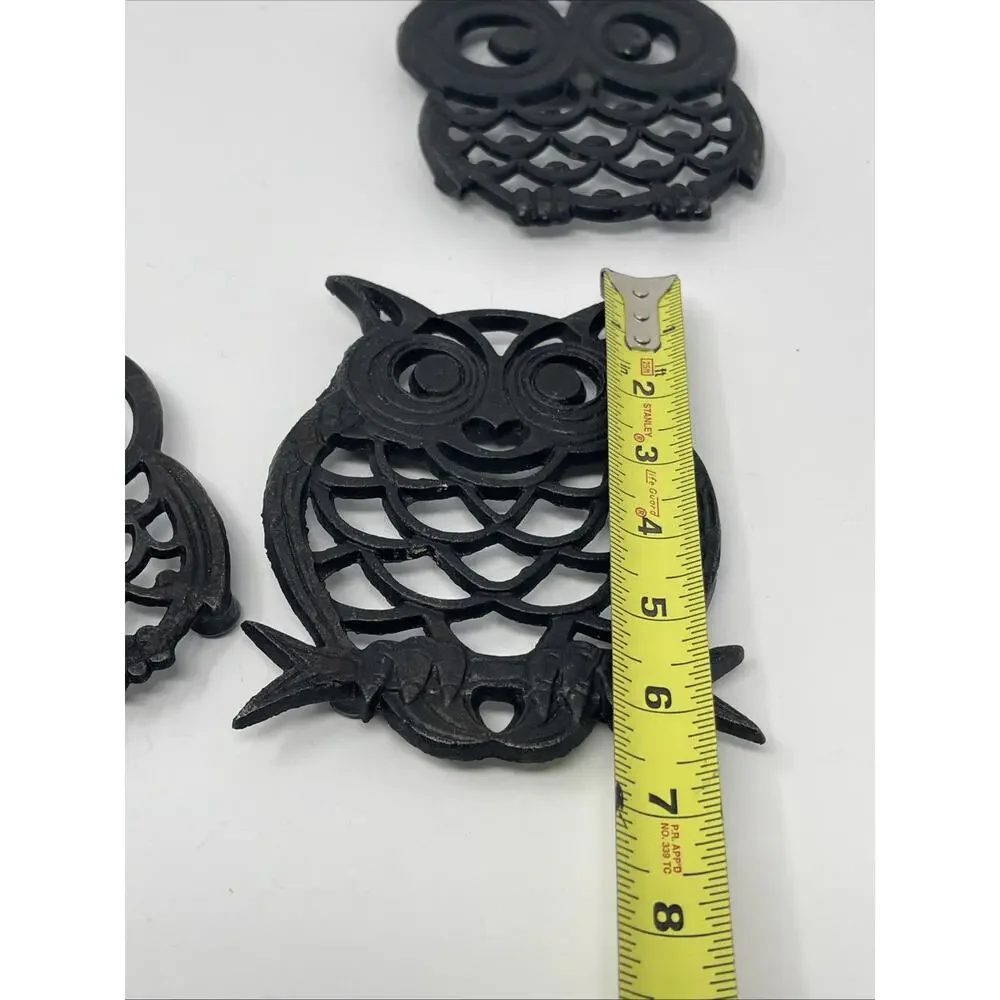 Vintage Cast Iron Trivet Black Owls Set Of 3 Hot Plates Rustic MCM Decor